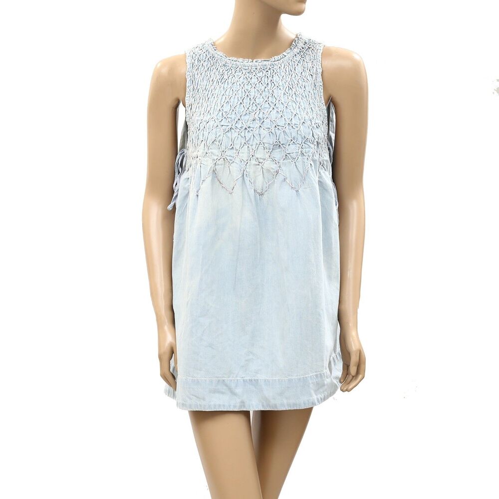 Free People Maisie Smocked Denim Mini Dress Sleeveless Pull-On Solid XS 288852